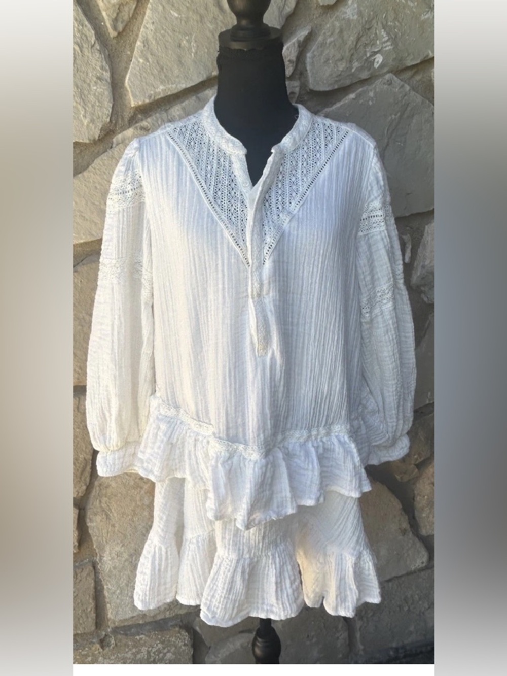 Free People Sachi Mini Dress Tunic Medium Cotton Tiered Crochet Festival NWOT - Picture 3 of 13